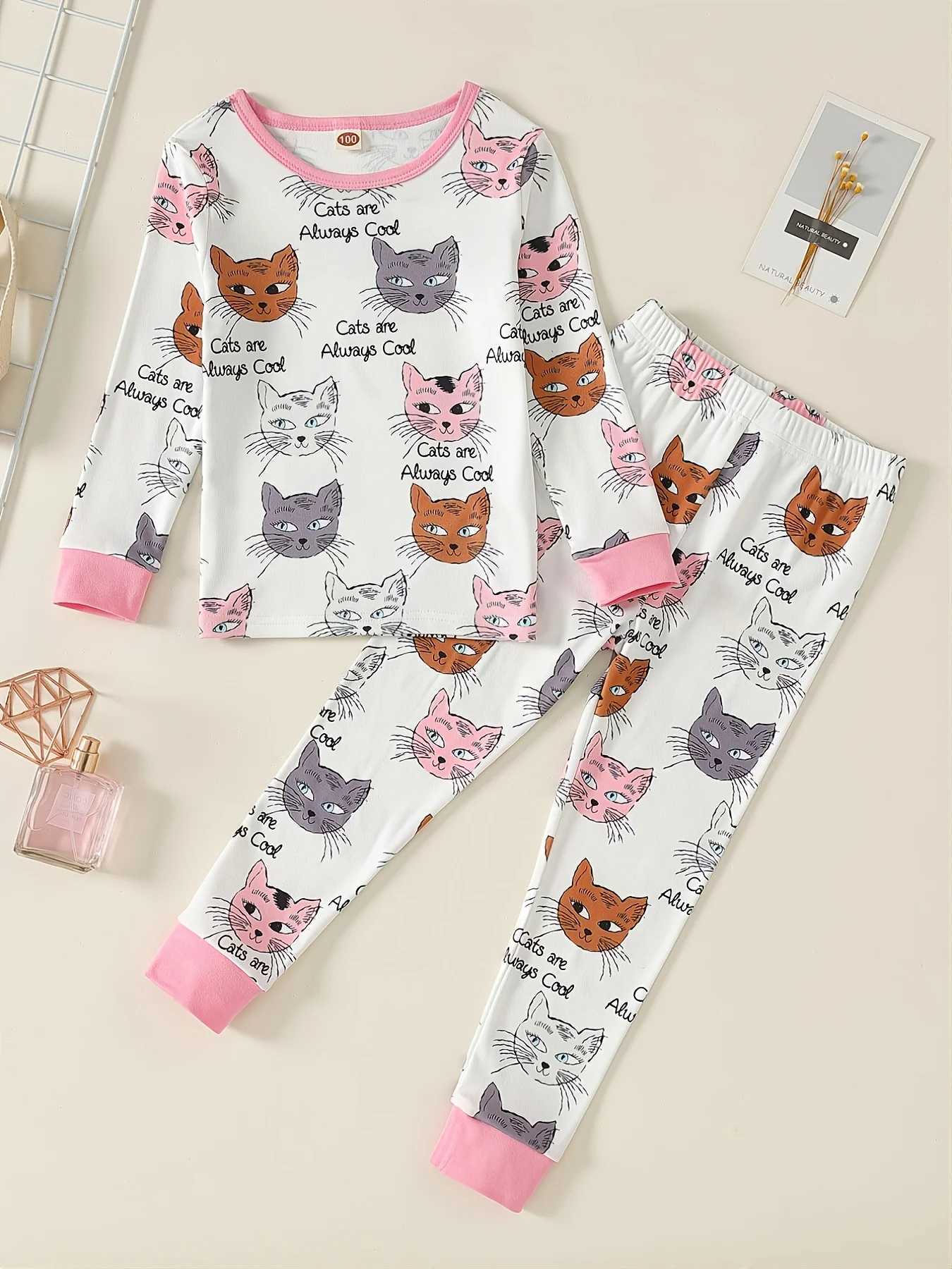 Girls two-piece cute cat head in spring and summer full-color comparison long sleeved tight fitting pajamas family setW240716