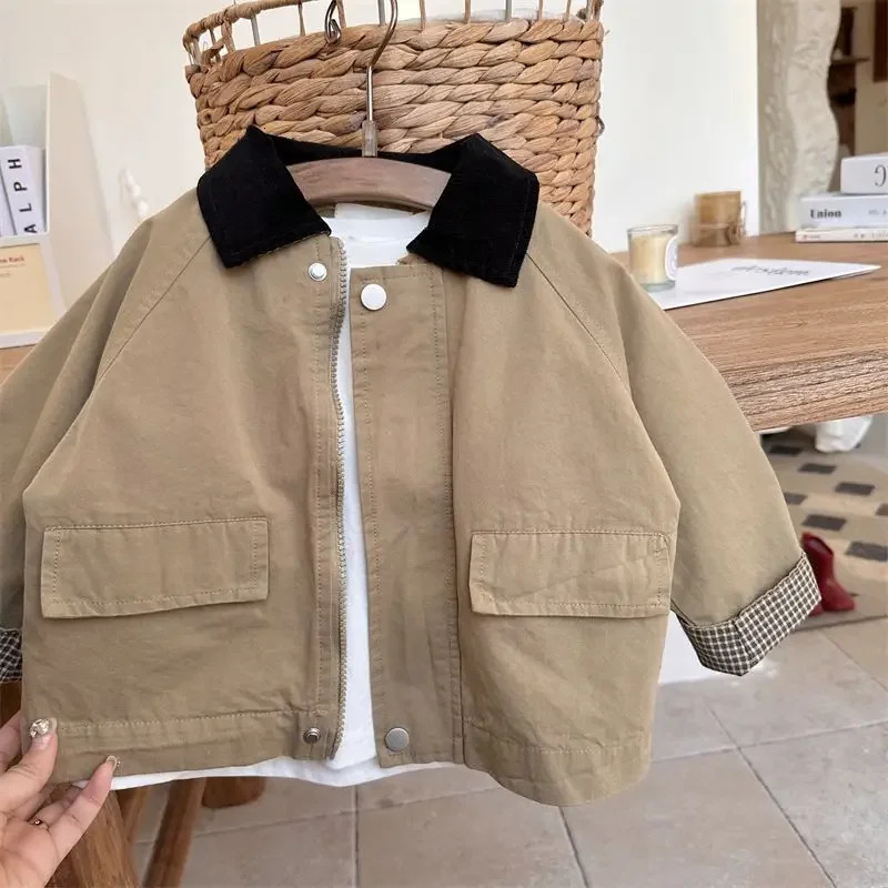 Trench Outerwear Turn-down Collar Zipper Full Sleeve Spring Loods Cotton Simple Clean Fashion Casual Comfortable Kid Unisex 240711