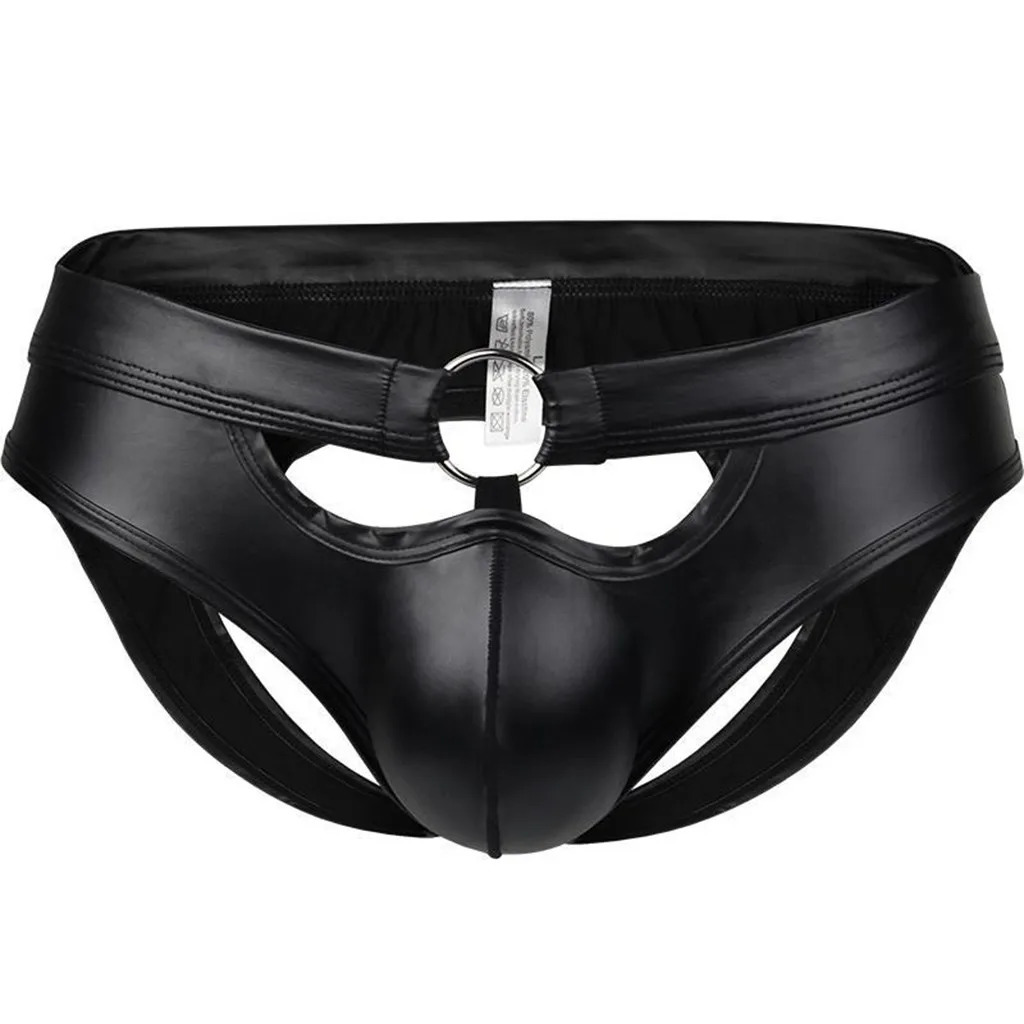 Black Sexy Underwear Men Latex PU Leather Panties Gay Mans Hollow Jockstrap Briefs Lingerie Cueca Male 240711