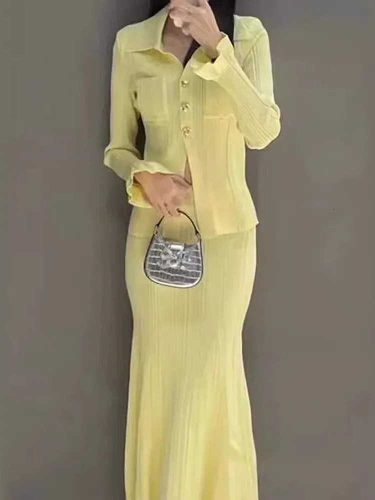 Women Knitted Set Yellow Spring Metal SingleBreasted Sweater Cardigan or High Waist Slim Midi Skirt Suit 240712