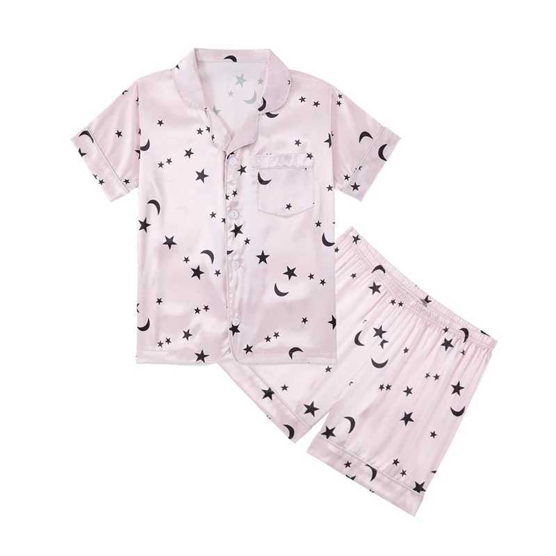 Summer girls silk chiffon pajamas and shorts set childrens starry moon printed pajamas and pajamas set childrens tops and pants family clothing 5-14 Y
