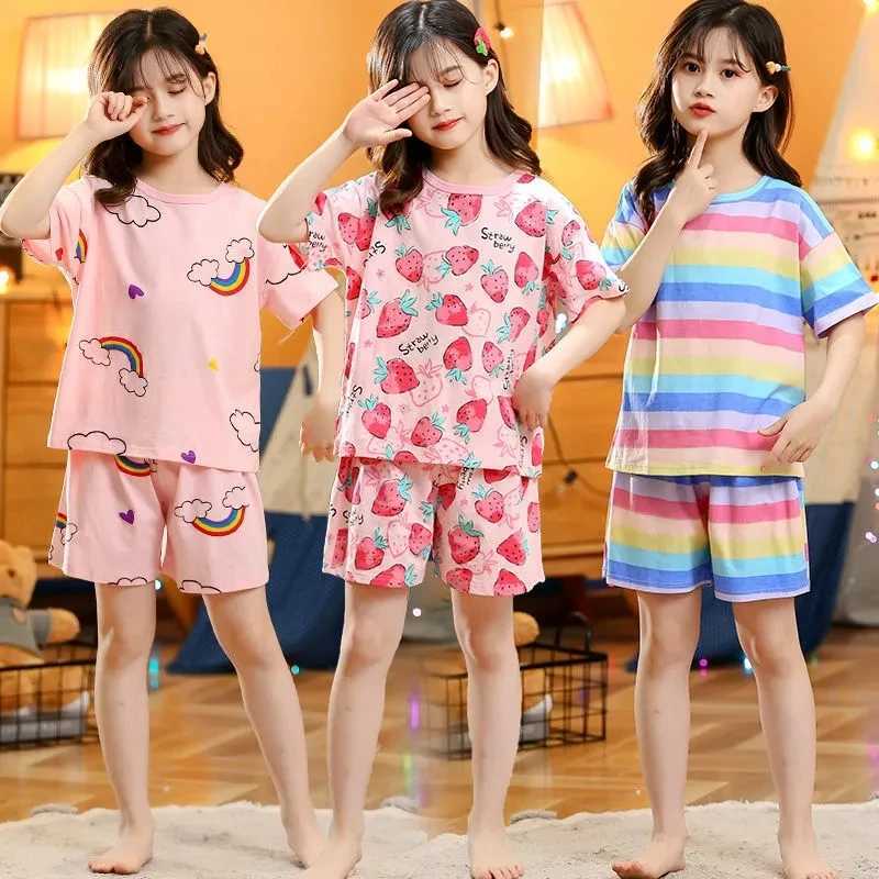 Youth pajamas short sleeved 100% pure cotton pajamas big childrens clothing set childrens pajamas 6 8 10 14 years oldW240716
