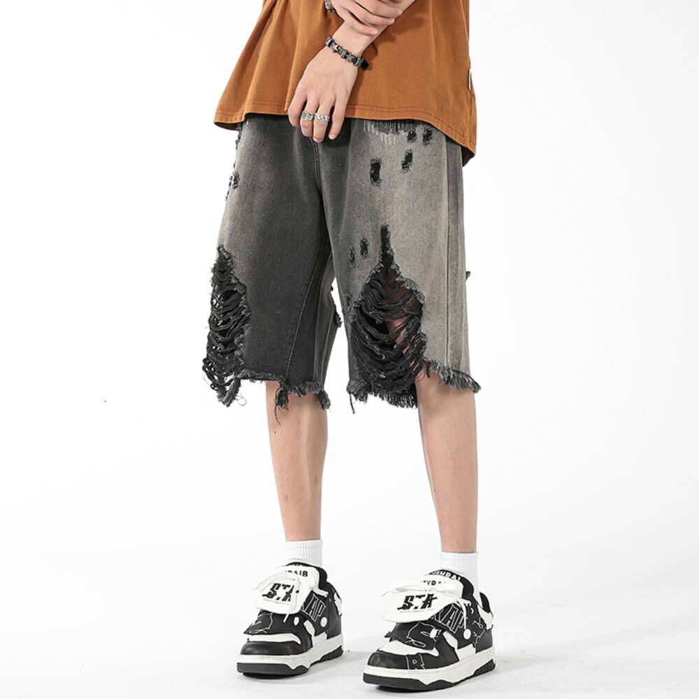 Ripped denim shorts men's summer thin cut fringed loose five quarter American high street horse pants