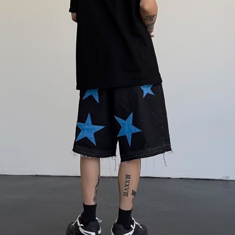 Denim shorts men's summer brand pentagram patch leather embroidery washed loose straight tube versatile wide leg five quarter pants trend