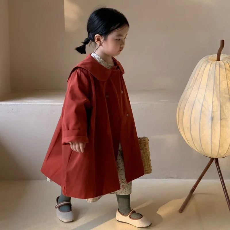 Baby Long Windbreaker Collar Children Kids Fashion Trenchcoats Korean Style Toddler Girls Clothes Autumn Kaki Trench Coats 240711