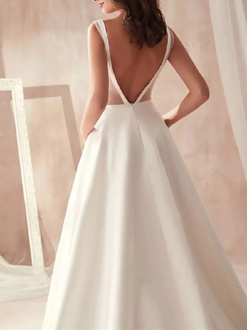 Elegant Ivory Satin A Line Wedding Dresses Deep V Neck Sexy Sleeveless Boho Garden Bridal Gowns Open Back Sweep Train Reeption Dress For Bride Simple 