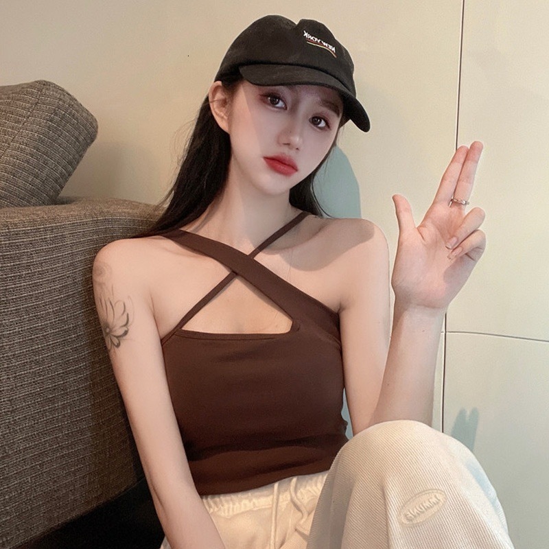 Sexy Hanging Neck Tank Outwear Bottom Top Slim Fit Short Women's Sports Spicy Girl Cross Back Beauty for Women