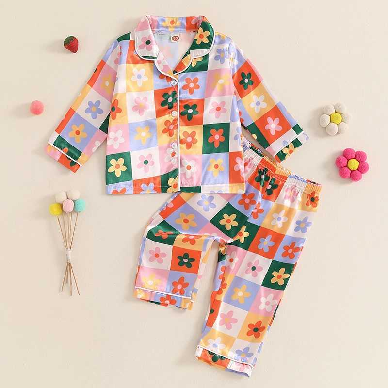 Children and girls 2-piece pajama set with floral print buttons long sleeved shirt and elastic pants loose autumn casual wear pajamasW240716