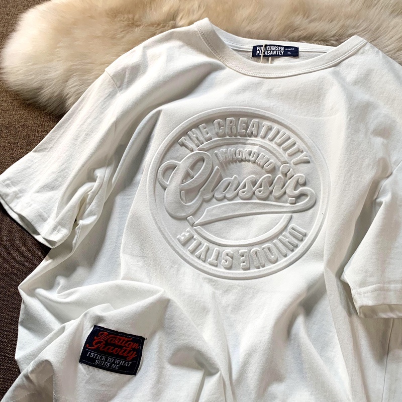 Spring Summer Women's 3D Letter Concave-convex Short-sleeved T-shirt High Quality Cotton Retro Street Round Neck Oversized Shirt Tops