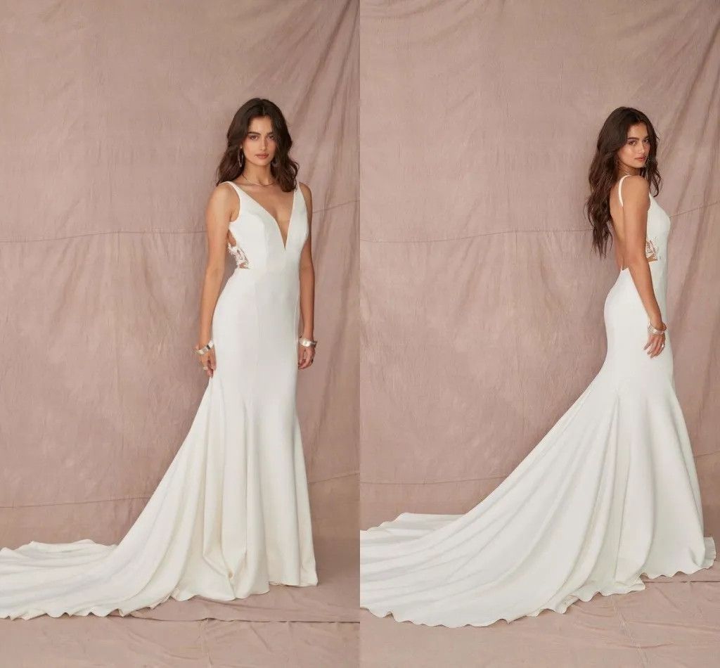 Deep V Neck Elegant Satin Mermaid Wedding Dresses Boho Simple Minimalist Garden Bridal Gowns Lace Court Train Sexy Backless Bride Fashion Robes de Mar