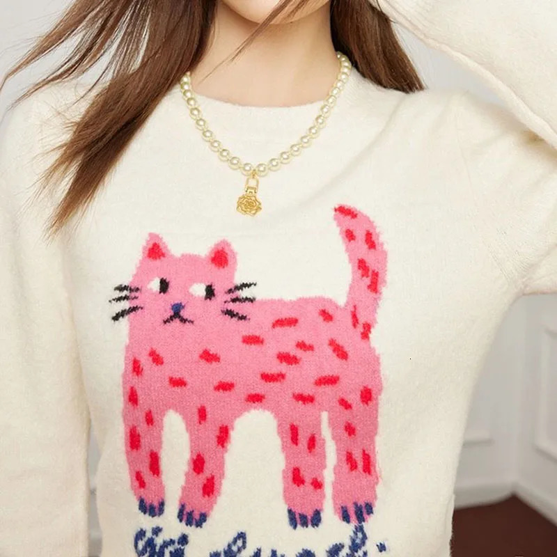 Cartoon Cat Women Sweater Pullovers Loose O Neck Knitwear Jumper Long Sleeve Soft Spring Korean reviews clothes 240716