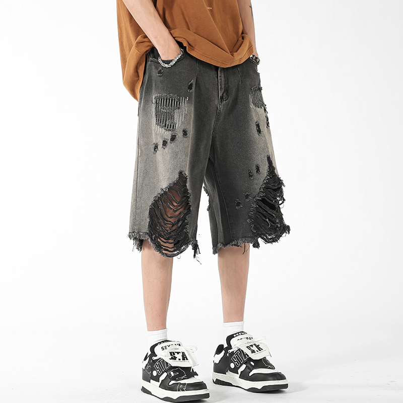 Ripped denim shorts men's summer thin cut fringed loose five quarter American high street horse pants