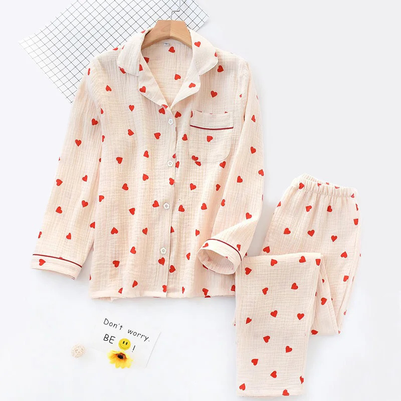 Spring Ladies Pajamas Set Heart Printed Crepe Cotton Doublelayer Gauze Turndown Collar Longsleeve Trousers Household Wear 240712