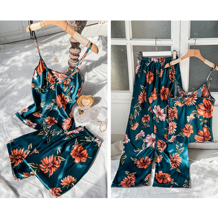 Floral Pama Ladies Sexy Silk Satin Sleepwear Set Top and Pant 2 Pices Beautiful Nightwear