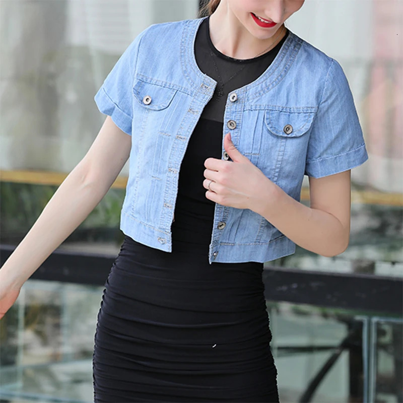 Autumn Women Denim Jackets Round Collar Basic Cropped Trendy Short Sleeve Jeans Blue Bomber Coat Tops 240717
