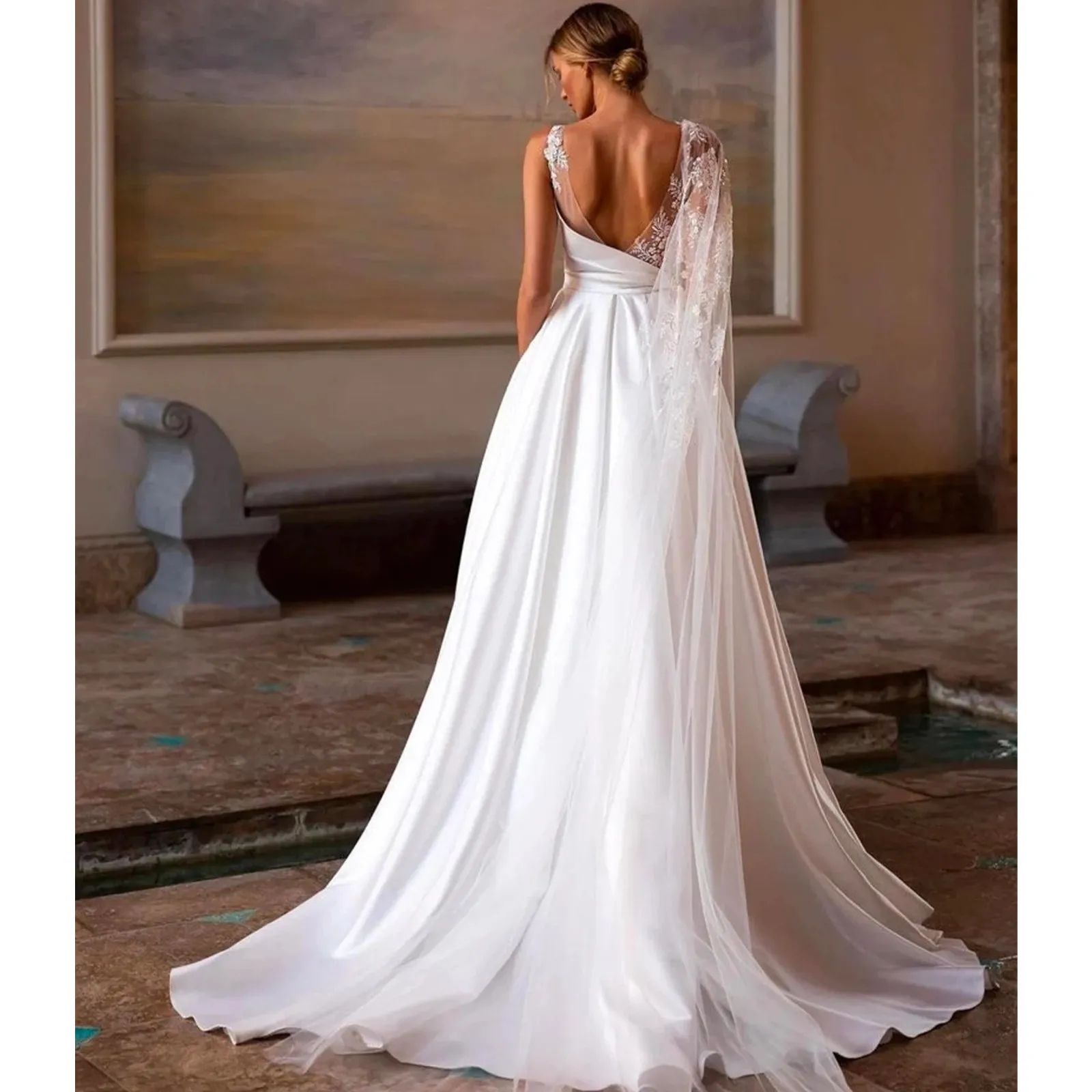 Satin Beach A E Wedding Dresses With Wrap Scoop Neck Sleeveless Backless Lace Appliques Bridal Gowns Boho Reception Party Custom Made 6660311
