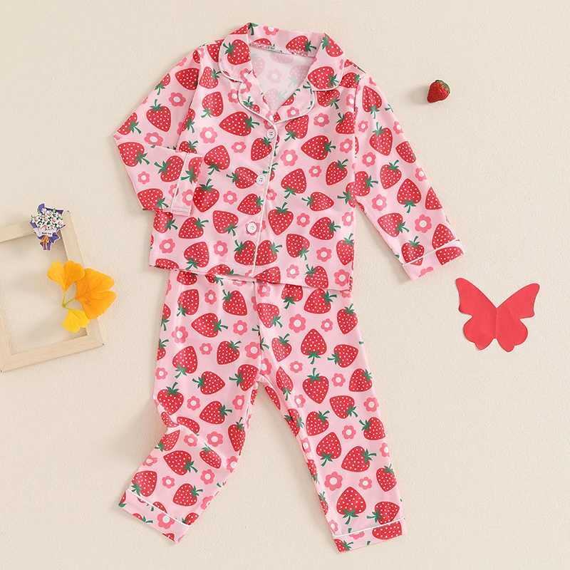 Childrens and Girls Autumn/Winter Pajama Set Butterfly/Cherry/StrAWberry Printed Long Sleeve Shirt Top Long Pants 2-piece Lounge W240716