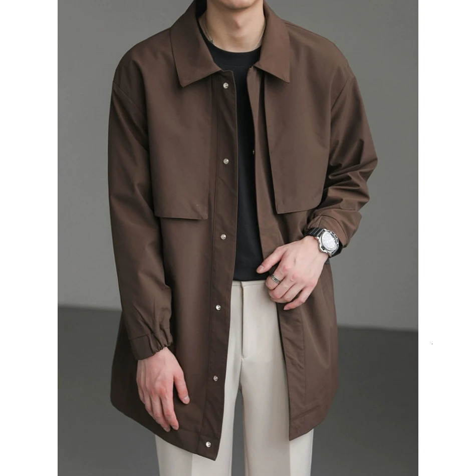 High-end Korean Fashion Mid-length Windbreaker Jacket Man Autumn Loose Casual Lapel Mens Windbreaker Trench Coat Men 240719