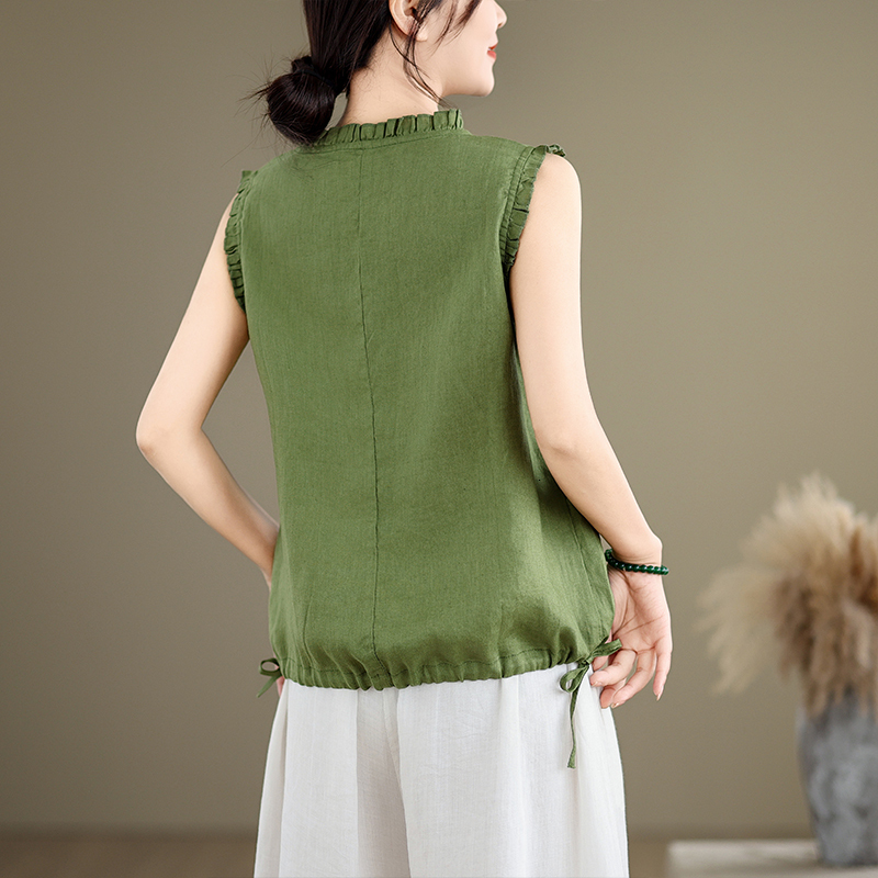 Summer cotton, hemp, fungus edge loose slimming drawstring vest women, solid color base top for outerwear