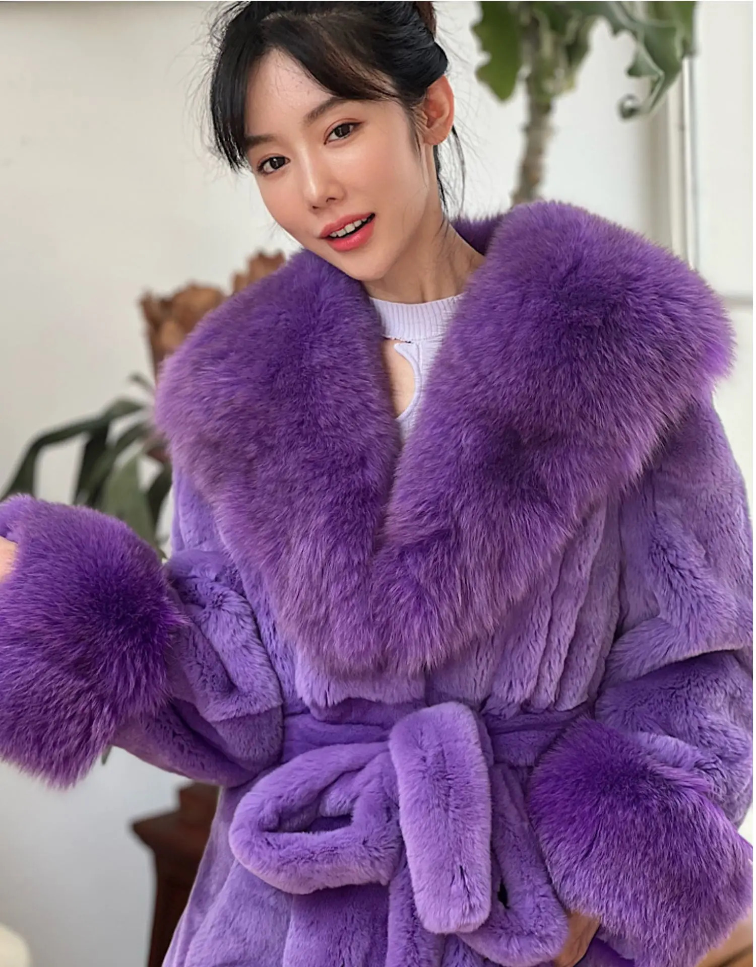 Winter Genuine 120Cm Length Real Rex Rabbit Fur Coats With Collar Trend Warm Natural Rabbit Fur Overcoat Women 240716