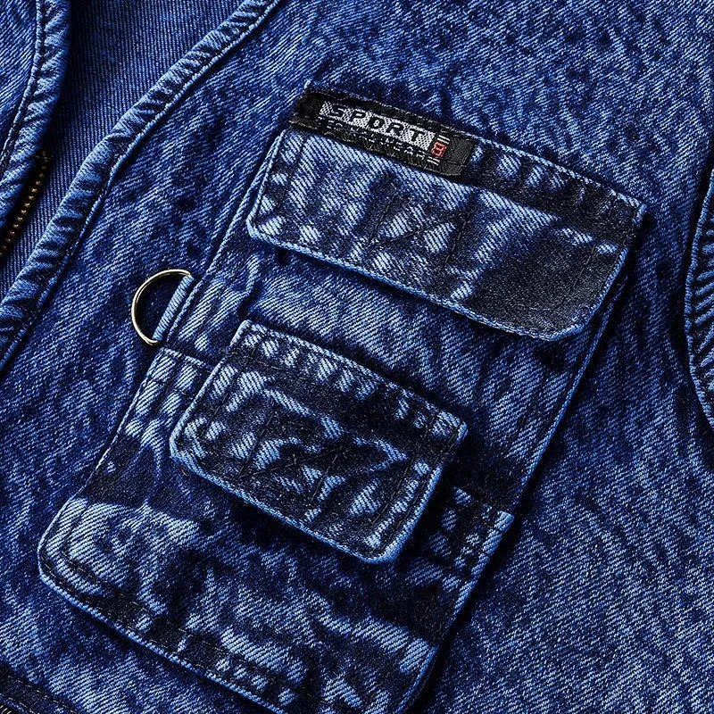 Men Vest Denim Waistcoat Jacket Deep Blue Male Sleeveless Coat Spring Autumn MultiPocket Jeans Gilet Outwear Chalecos 240716