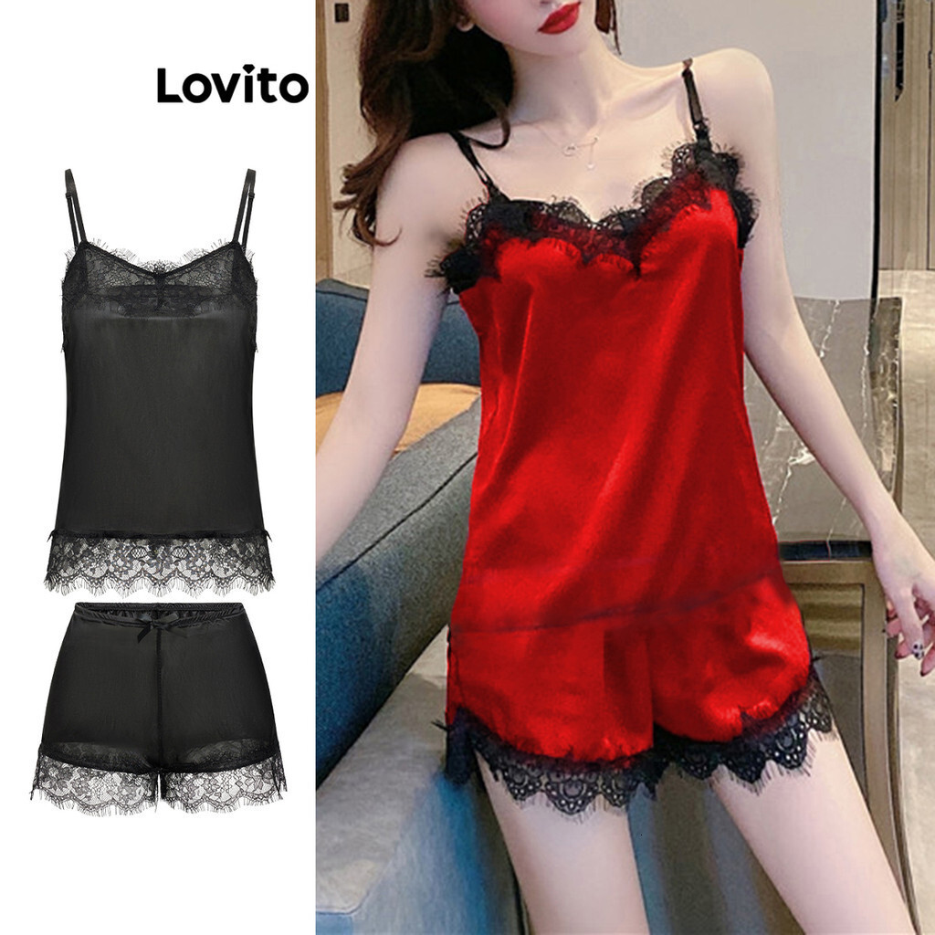 Lovito Sexy Plain Ruffle Neck V-neck Sleeveless Pama Sets for Women LNE07050 (Multi-color)