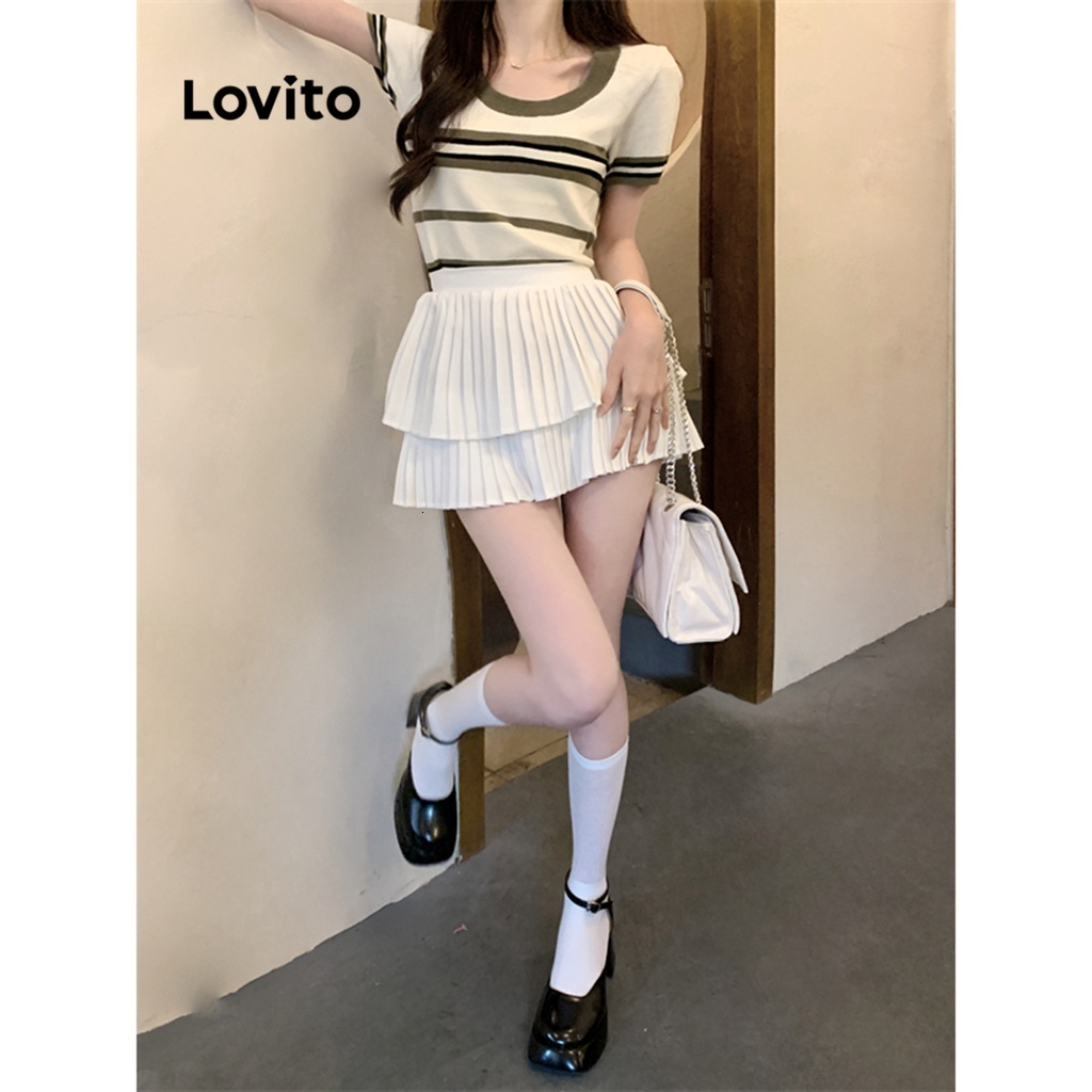 Lovito Casual Striped Short Sleeve T-Shirt for Women LNA21137 Apricot/Black