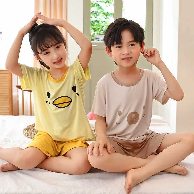 Childrens modular pajama set summer thin short sleeved chiffon dress suitable for boys and girlsW240716