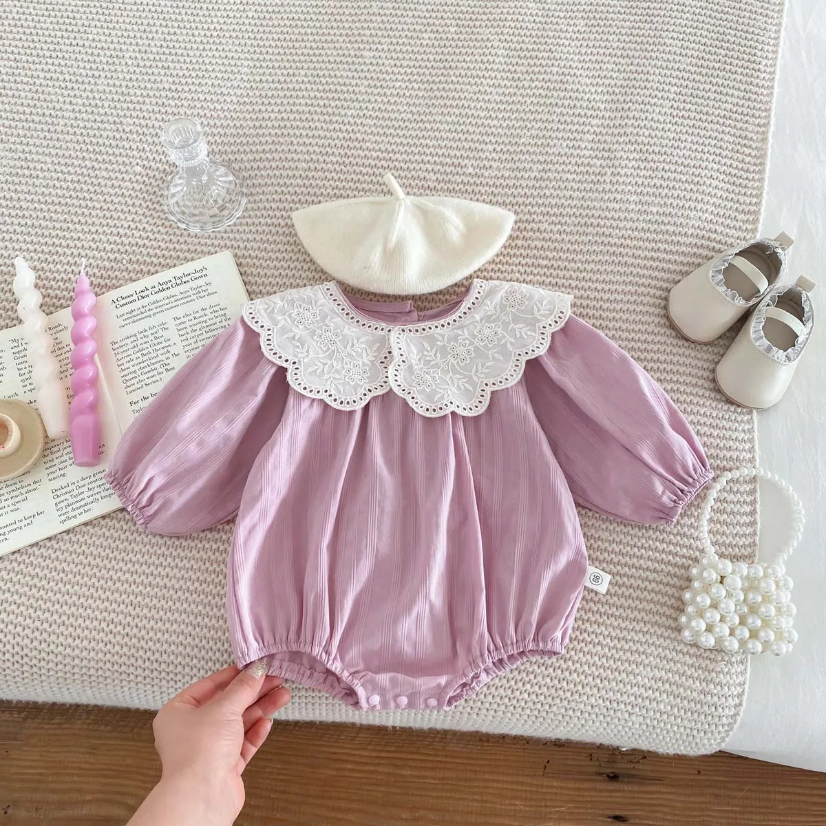 Korean Fashion Baby Romper born Bodysuit Lace Peter Pan Collar Long Sleeves Infant Girl Jumpsuit 02yrs 240716