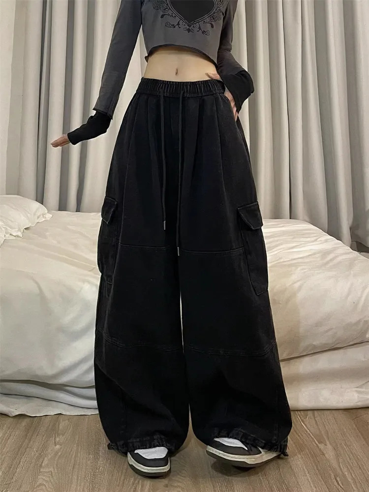 South Korean Y2K Fashion Brushed Casual Luggage Jeans Straight Wide Leg Sports Pants Trousers 240718