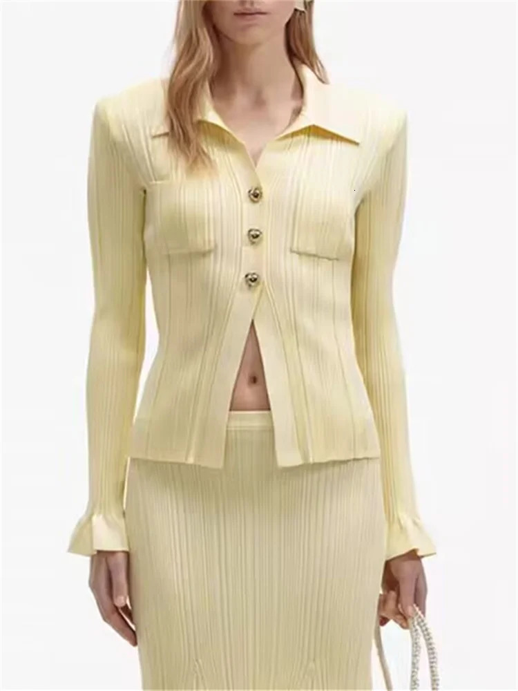 Women Knitted Set Yellow Spring Metal SingleBreasted Sweater Cardigan or High Waist Slim Midi Skirt Suit 240712