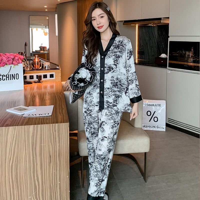 Women's Spring And Autumn New Fashion Printing Pama Thin Ice Silk Long Sleeve Large Set Sleepwear