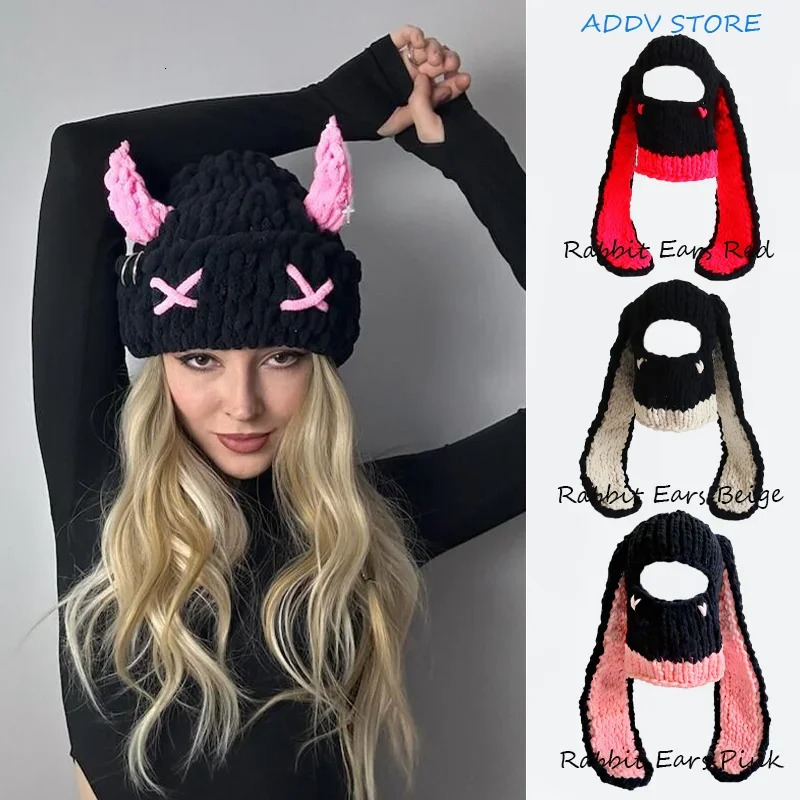 Y2K Womens Rabbit Ears Hand-knitted Hat Sweet and Cool Chick Thickened Thermal Mask Demon Hood Party Bear Beanie 240712