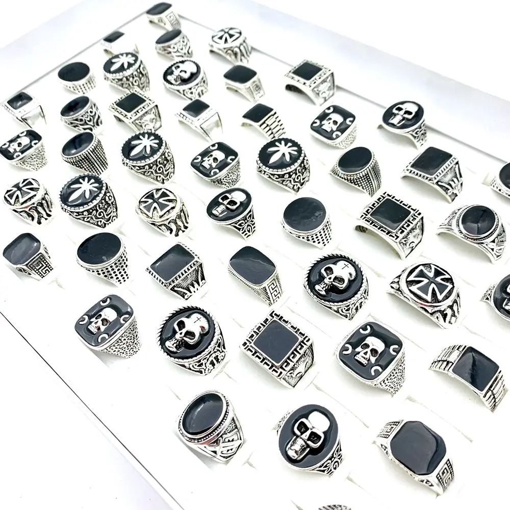 50 mens rings black enamel silver plated skull cross punk style fashionable jewelry wholesale 240710