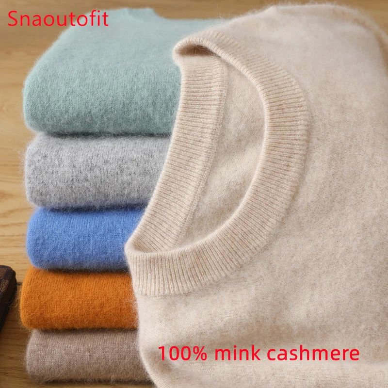 Mens 100% Pure Mink Cashmere Sweater ONeck Pullovers Knit Autumn and Winter Long Sleeve HighEnd Jumpers Tops 240715