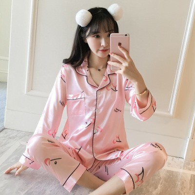 High quality women's pamas Korean long-sleeved loose suit ladies cardigan sexy ice silk home service