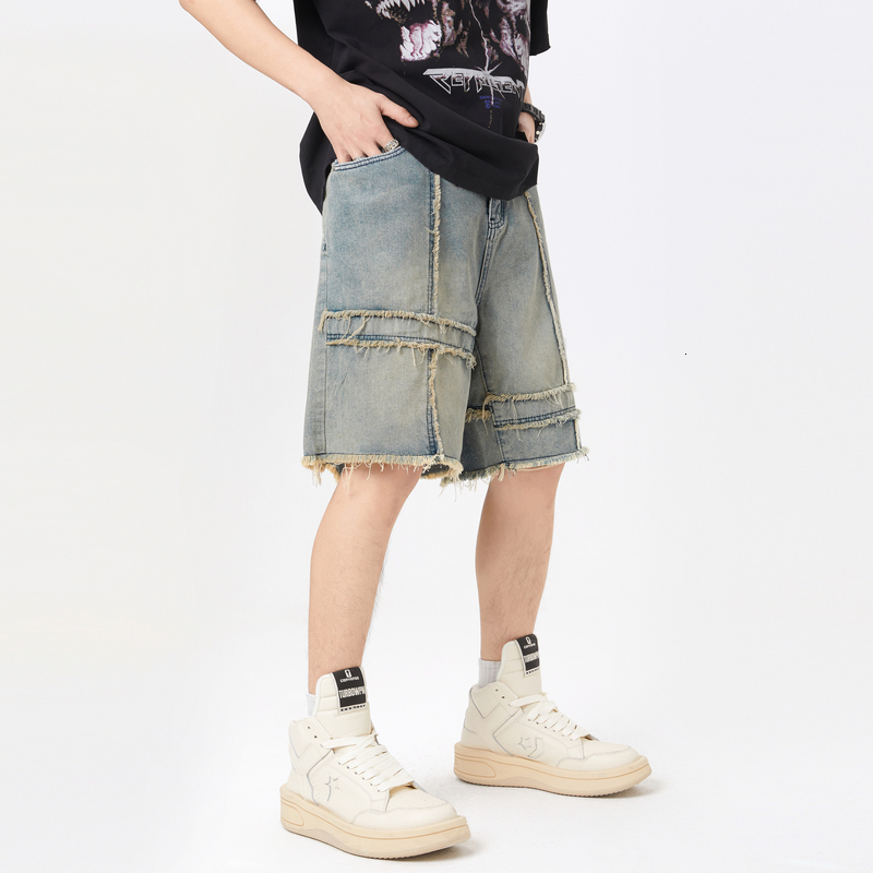 American style denim shorts, men's summer fashion label, casual fur edge design, five point pants