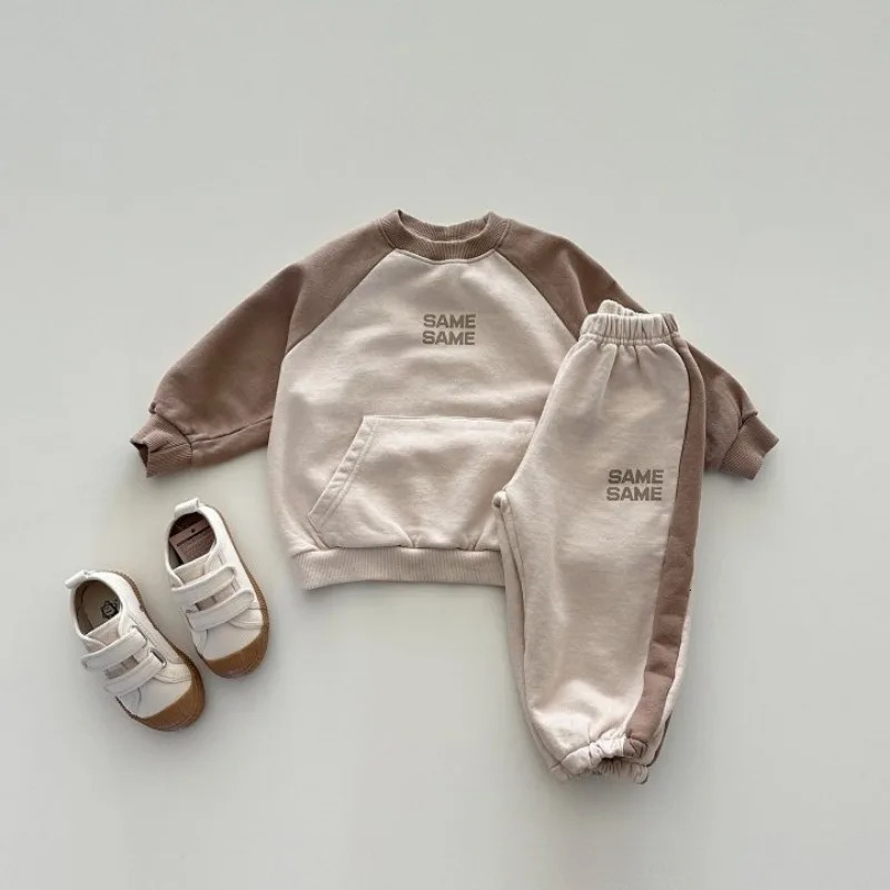 Spring Baby Cotton Sweatshirt Set Infant Boy Girl Letter Casual Tops Pants 2pcs Suit Kids Patchwork Warm Autumn Outfits 240713