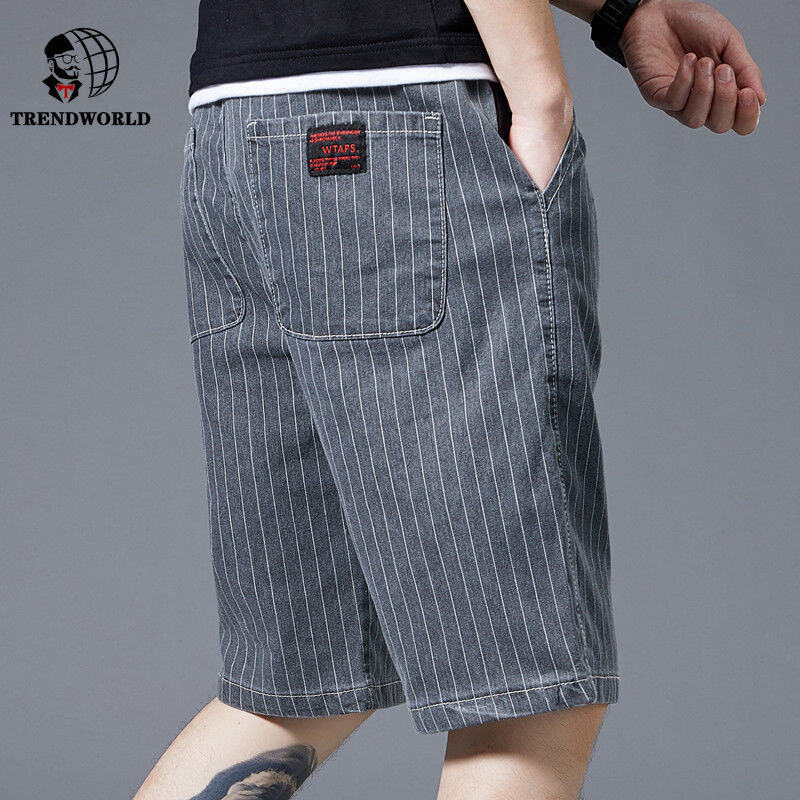 Summer Denim Shorts Men's Loose Outwear Cropped Fashion Brand Stripe Lace Large Casual Pants
