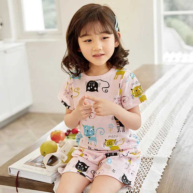 Childrens Pajamas 2 3 4 5 6 7 8 Year Cotton Pajama Set Cat Pajamas Summer Short Sleeve Childrens PajamasW240716