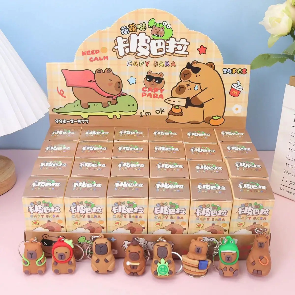 24Pcs/Box Capybara Keychain Kawaii Cartoon Hang On Bag Accessories Anime Figures Keychains birthday gift 240711