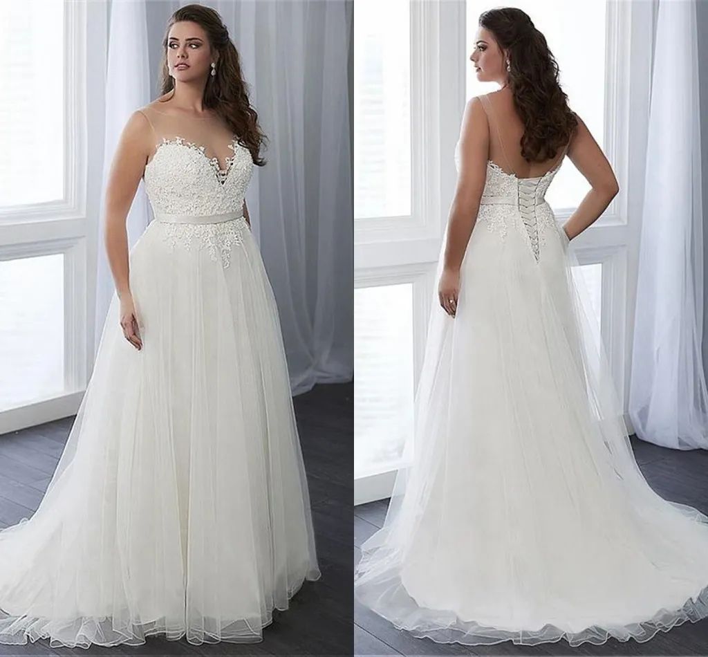 Plus Size A Line Wedding Dresses Sheer Jewel Neck 2024 Boho Lace Appliqued Long Tulle Bridal Gowns Lace-up Back Vestidos De Novia Custom Made