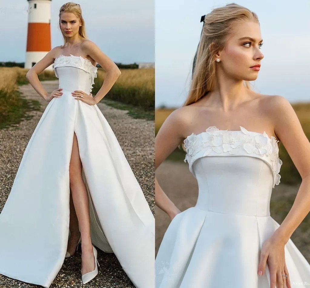 Fairy Flowers Strapless A Line Wedding Dresses Elegant Satin Boho Garden Bridal Gowns Sexy High Split Sweep Train Simple Bride Women Marriage Robes de