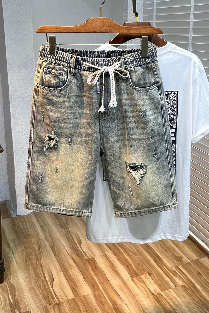 American denim for men, washed and distressed, yellow mud dyed, versatile, trendy, high street, loose straight leg shorts
