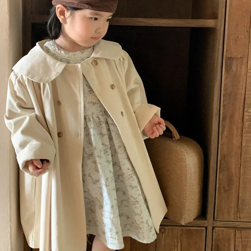 Baby Long Windbreaker Collar Children Kids Fashion Trenchcoats Korean Style Toddler Girls Clothes Autumn Kaki Trench Coats 240711
