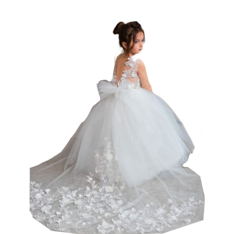 Princess Ivory Flower Girls Dresses With Detachable Bow Train 3D Floral Appliques Crew Neck Floor Length Ball Gown Wedding Party Gowns Toddler Kids Fo