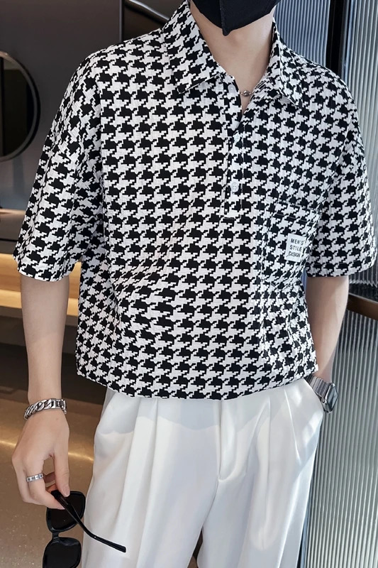 Summer Houndstooth Plaid Loose Shirts Men Hawaiian Short Sleeve Mens Social Dress Casual Beach Button Up Blouse Hommes 240716