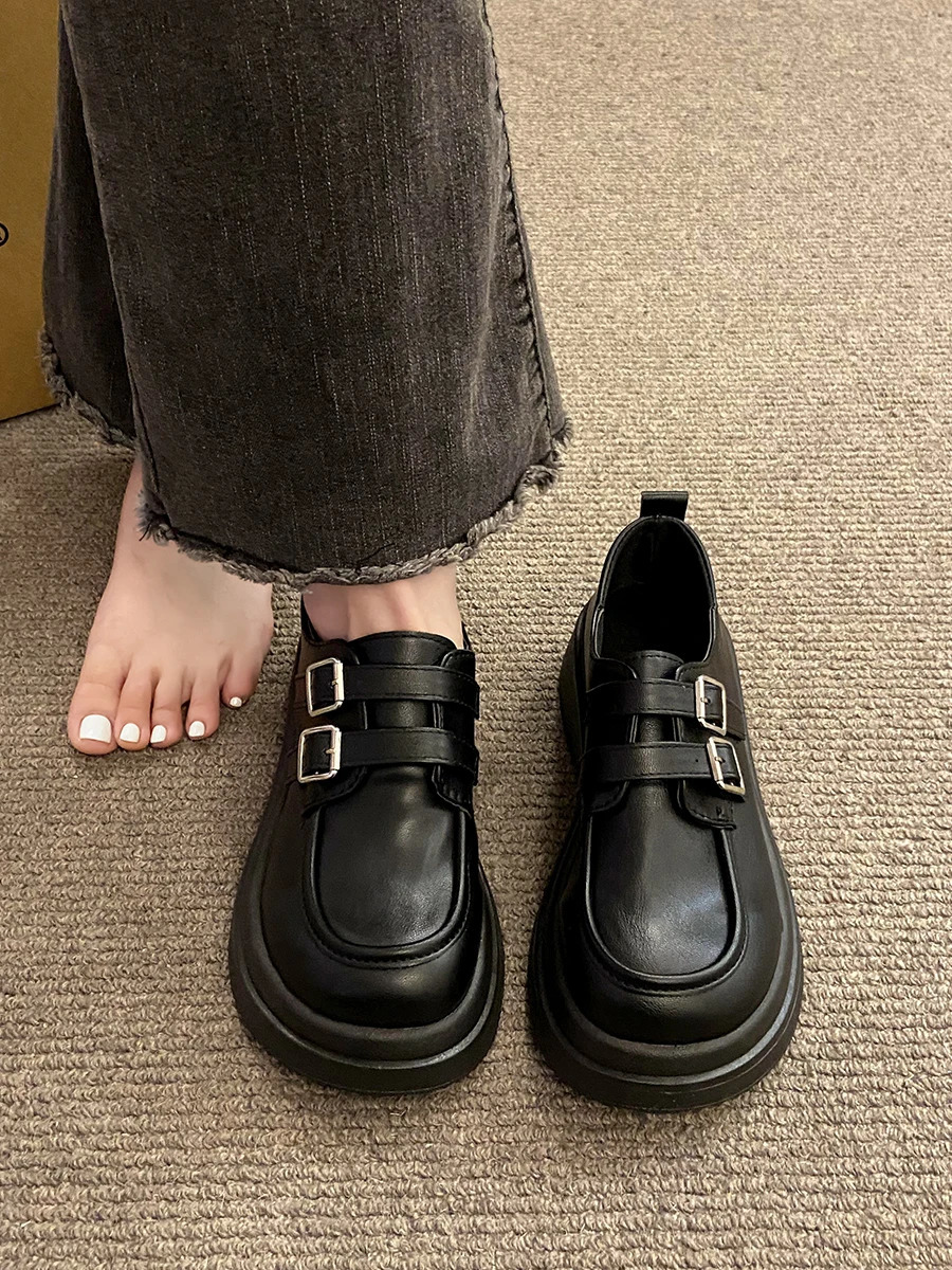 Shoes Woman 2024 Black Flats Oxfords Autumn Loafers With Fur Clogs Platform Round Toe Casual Female Sneakers All-Match British S 240708
