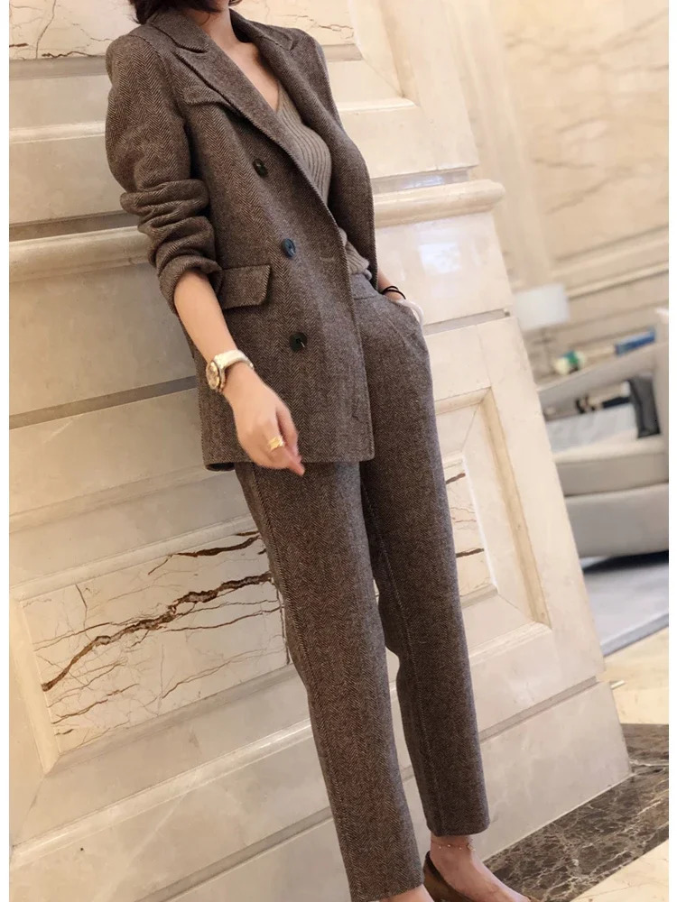 Women Woolen Blazer and Pantsuits Chic Elegant Korean Fashion Trousers Outfits Autumn Female Suit Jacket 2 Piece Sets 240717