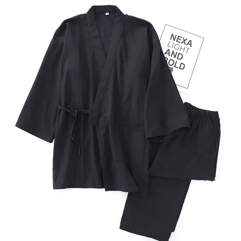 Mens Cotton Kimono Robes Pajamas Clothes Thin Spring and Autumn Black Navy Colors Home Loose Casual Men Robe Sets 240713